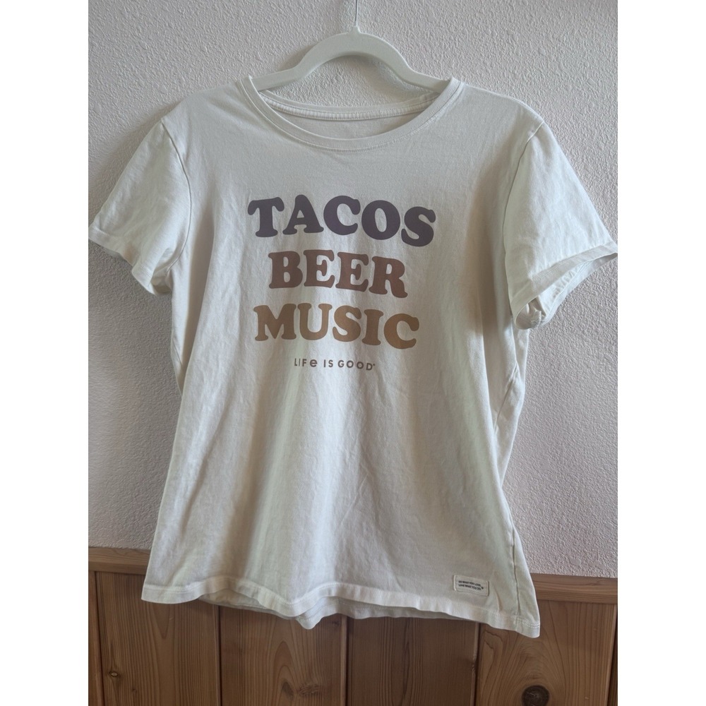 Life Is Good Cream Crusher T Shirt‎ Woman's Size Large Tacos Beer Music